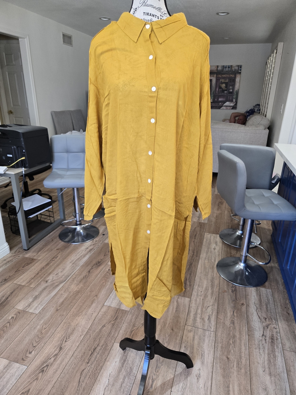 Lightweight Button-Front Long Shirt in Mustard Yellow 100% Cotton. Made In India